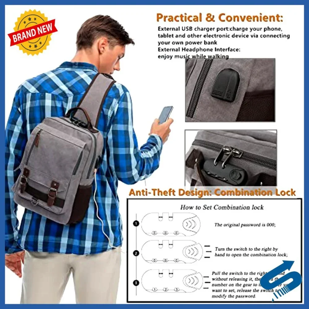 Vintage Canvas Crossbody Messenger Bag with Charging Port for Travel